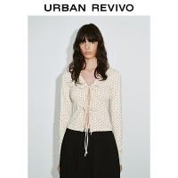 ราคา URBAN REVIVO คาร์ดิแกนลายเนคไทลายจุดด้านหน้าของผู้หญิงเสื้อแขนยาวเข้ารูปพอดีสีครีมผ้าไหมพรมยึดโครงนุ่มดีไซน์ลายจุดคลาสสิกสไตล์เกาหลีลำลอง (26333295031)