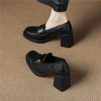 ราคา รองเท้าส้นสูงหนังแกะส้นหนาสำหรับผู้หญิง รองเท้าสวมแบบสวมสบาย รองเท้าลำลอง รองเท้าหนังนิ่ม รองเท้าหนังสีน้ำตาล รองเท้าหนังสีดำ (126402157497)