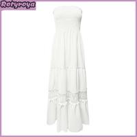 ราคา Womens Off Shoulder Maxi Dress Summer Smocked Lace Trim A Line Swing Dress Boho Strapless Flowy Beach Sundress (25042871494)