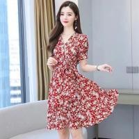 ราคา ชุดเดรสผ้าชีฟองลายดอกไม้แขนสั้นคอวีสีแดงสำหรับผู้หญิงไซส์เล็ก ชุดเดรสทรงเอเอวสูง ชุดเดรสฤดูร้อน ชุดเดรสสีพื้น (23228677372)