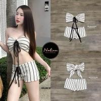 ราคา Nalinn Set ผ้าไหมพรมสีครีม ลายดำ ผูกหลัง กางขาสั้นเอวต่ำผูกเชือก (24586630848)