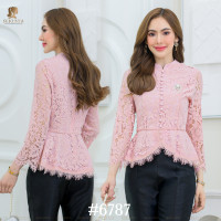 ราคา 6787 เสื้อคอจีนลูกไม้ฝรั่งเศสเนื้อนิ่มแขนยาว เสื้อบุซับในแต่งกระดุมหน้า แต่งเอวดีด SUKUNYA CLASSIC (23524166014)