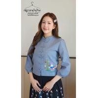 ราคา เสื้อคอจีนแขนบอลลูน ผ้าฝ้ายทอมือเม็ดทราย ปักไก่ อัดกาว (126266475165)