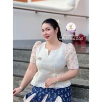 ราคา Z100 เฉพาะเสื้อ เสื้อคอวีผ้าไหมลาวอัดกาวทั้งตัวแต่งเอวจีบแขนแต่งระบายลูกไม้ปักฉลุงานซิปหลัง (24621675407)