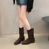 ราคา รองเท้าบูทแฟชั่นสำหรับผู้หญิง รองเท้าบูทหุ้มข้อปลายแหลม วัสดุหนังกลับ สไตล์ย้อนยุค ไซส์ 35 40 (25657699379)