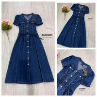 ราคา เดรสยาว ผ้ายีนส์ ทรงสวย กระดุมหน้า (22908359077)