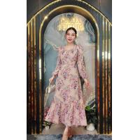 ราคา เดรสซีฟองยุ่นอกลายดอกสีชมพูแขนยาวชายระบายเรียบหรูNo 425 (23386617998)