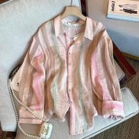 ราคา Life Ya เสื้อเชิ้ตแขนยาวคอพับลายทางสีชมพูสไตล์หวาน (25847823030)