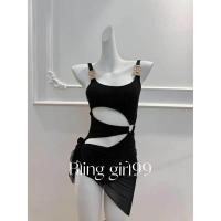 ราคา ชุดว่ายน้ำชิ้นเดียวสีดำทอง สายเดี่ยว ชุดว่ายน้ำบิกินี่สีดำเรียบง่าย โซ่โลหะ อบตากล้าม ชุดว่ายน้ำลำลอง ชุดว่ายน้ำสำหรับผู้หญิง (126340696436)