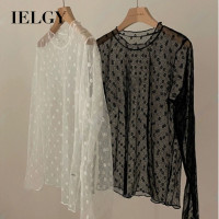 ราคา IELGY เสื้อยืดคอเต่าแขนยาวสำหรับผู้หญิงเสื้อลูกไม้ตาข่ายกันแดดชั้นลายดอกไม้เล็กๆ (24297030174)