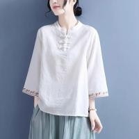 ราคา NCE Cotton and linen jacquard embroidered trumpet sleeve shirt for women Chinese New Year Retro button up stand up collar short top (21050629651)