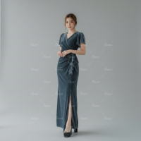 ราคา Ommishop ชุดราตรี 1567K เสื้อคอวีแขนสั้น ผ้า กำมะหยี่ เดรสออกงาน แต่งระบายเอว ชุดงานแต่ง เพื่อนเจ้าสาว (25208927914)