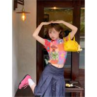 ราคา Cicishop J2190 เสื้อครอปคอปีนแขนสั้น ผ้าชีฟองอัดพลีท พิมพ์ลายน่ารักๆ สไตล์สาวY2K (24817457066)