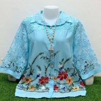 ราคา เสื้อเชิ้ตคอปกกะดุมหน้า งานปักไหมพรม แต่งแขนลูกไม้สวยๆ (24857338087)