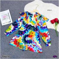 ราคา TT8795 Jumpsuit จั้มสูทขาสั้นแขนพอง ลายดอกสีมัดย้อม (22852014848)