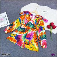 ราคา TT8795 Jumpsuit จั้มสูทขาสั้นแขนพอง ลายดอกสีมัดย้อม (22852014850)