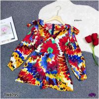 ราคา TT8795 Jumpsuit จั้มสูทขาสั้นแขนพอง ลายดอกสีมัดย้อม (22852014851)