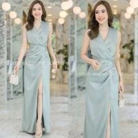 ราคา เดรสยาว ออกงานผ้าซาร่าแต่งป้ายหน้า ผ่าด้านหน้า นางแบบใส่งานจริง (24336257267)
