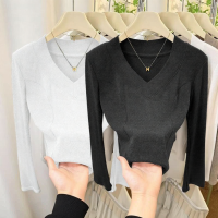 ราคา Lieoyuarn เสื้อยืดคอวีแขนยาวรัดรูปสุดเซ็กซี่ (25523502173)