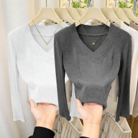 ราคา Lieoyuarn เสื้อยืดคอวีแขนยาวรัดรูปสุดเซ็กซี่ (25523502187)