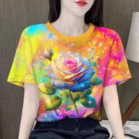 ราคา เสื้อสงกรานต์2569 เสื้อยืดลายดอกผู้หญิง ลายดอกไม้สีสันสดใส แขนสั้น คอเสื้อสีเหลือง (126648204575)