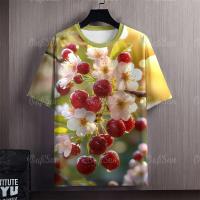 ราคา เสื้อยืดผู้ชายลายดอก 2569 เสื้อสงกรานต์ ดอกไม้สีขาวและสตรอว์เบอร์รีสีแดงพร้อมผีเสื้อสีฟ้า เสื้อยืดแขนสั้น ผ้านุ่มสบาย (126616545532)