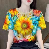 ราคา เสื้อยืดลายดอกผู้หญิง เสื้อสงกรานต์ 2569 คอสีม่วงแขนสั้น ลายดอกไม้หลากสี เสื้อแฟชั่นผญๆ (126648062233)