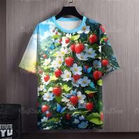 ราคา เสื้อยืดผู้ชายลายดอก 2569 เสื้อสงกรานต์ ดอกไม้สีขาวและสตรอว์เบอร์รีสีแดงพร้อมผีเสื้อสีฟ้า เสื้อยืดแขนสั้น ผ้านุ่มสบาย (126616545580)