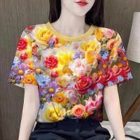 ราคา เสื้อยืดลายดอกผู้หญิง เสื้อสงกรานต์ 2569 คอสีม่วงแขนสั้น ลายดอกไม้หลากสี เสื้อแฟชั่นผญๆ (126648062223)