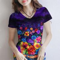 ราคา เสื้อสงกรานต์2569 เสื้อยืดคอวี เสื้อลายดอก สีม่วงสดใส ลายดอกไม้หลากสี สำหรับผู้หญิง (126663746159)
