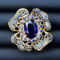 ราคา แหวนพลอยไพลินบางกะจะจันทบุรี BLUE SAPPHIRE เรือนเงินแท้92 5 ชุบทอง ล้อมด้วยพลอยไพลินมาดากัสการ์ (17205057982)