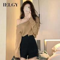 ราคา IELGY เสื้อสเวตเตอร์เปิดไหล่เสื้อยืดถักเปิดไหล่ข้างเดียวของเสื้อสตรีต่ำ (24691729453)
