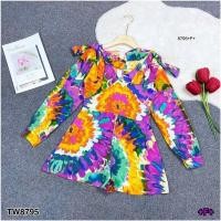 ราคา TT8795 Jumpsuit จั้มสูทขาสั้นแขนพอง ลายดอกสีมัดย้อม (22852014849)