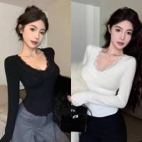 ราคา FY66045 เสื้อแขนยาว คอวี เสริมฟองน้ำ ผ้านุ่มนิ่มๆ ดีเทลแต่งลูกไม้สีขาวดำ (25655401673)