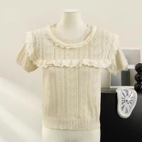 ราคา H H พร้อมส่ง E12 เสื้อยืดไหมพรม คอกลม แขนสั้น ดีเทลลายลูกไม้น่ารัก (21759055888)