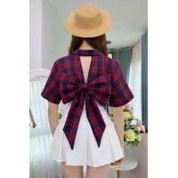 ราคา เสื้อเชิ้ตแขนสั้นผูกโบว์ด้านหลัง (26279913208)