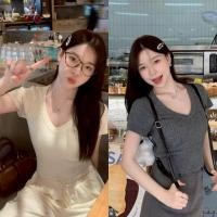 ราคา W G013 เสื้อคอวีไหมพรม ผ้านุ่มนิ่ม แขนสั้นครอป ยืดพอดีใส่ง่าย (24578251293)