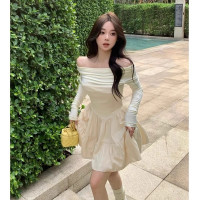 ราคา เดรสไหล่เดียว เดรสแขนยาว เดรสทรงตู่ ทรงบัลเล่ต์ฝรั่งเศส สไตล์สาวหวาน กระโปรงเว้าไหล่ (24278739047)