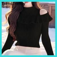 ราคา TrendTrendy เสื้อสเวตเตอร์ถักคอเต่าแขนยาวเปิดไหล่สำหรับผู้หญิงสไตล์เกาหลี (25365432209)