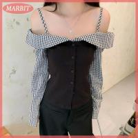 ราคา MARBIT Hot Sale เสื้อยืดแขนยาวเปิดไหล่สำหรับผู้หญิงเสื้อต่อลายสก๊อตฤดูใบไม้ร่วง (25122371967)