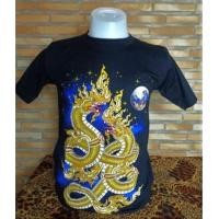 ราคา เสื้อยืด ลายไทย เสื้อยืดลายพญานาคคู่พระจันทร์ เสื้อยืด สีดำ แขนสั้น (8573589662)