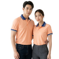 ราคา เสื้อโปโล สีส้มอ่อนโอรส ปกน้ำเงินริ้วขาว 2 เส้น หญิงชายไม่มีกระเป๋า (24940449356)