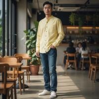 ราคา เสื้อเชิ้ตคอจีนผู้ชาย แขนยาว สีเหลืองอ่อน ผ้าอ๊อกฟอร์ด (24612243237)