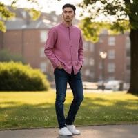 ราคา เสื้อเชิ้ตคอจีนผู้ชาย แขนยาว สีชมพูเข้ม ผ้าอ๊อกฟอร์ด (24611191871)