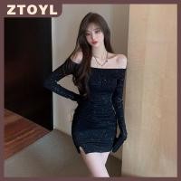 ราคา ZTOYL ชุดเดรสแขนยาวจับจีบแขนยาวเปิดไหล่ข้างเดียวสำหรับผู้หญิงชุดเดรสสีดำคาดสะโพกรัดรูปเซ็กซี่ (26315140107)