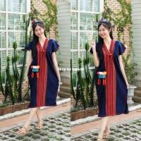 ราคา ชุดเดรสพื้นเมืองคอวี เดรสผ้าฝ้าย เดรสทรงกะเหรี่ยงสีกรม เเต่งผ้าทอนากา (23283790619)