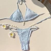 ราคา ส่งไวจากไทย ชุดว่ายน้ำผู้หญิง บิกินี่เซ็กซี่สายฝอ ผูกเอว triangle bikini แต่งจี้มุกเปลือกหอย สีฟ้า (24148117048)