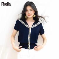 ราคา puella เสื้อยืดคอปกลายขวางสีน้ำเงินแขนสั้น (25022777582)
