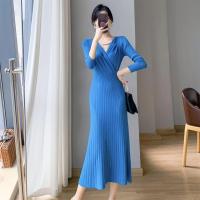 ราคา 2024 Womens long Dresses Autumn Sleeve Sweater Knitted Dress Korean Party Womens Clothing Blue Long Dresses (21257107161)