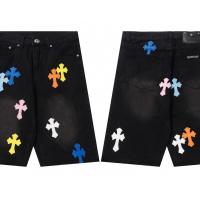 ราคา Chrome HeartsˉSummer thin cross MAN retro washed trendy brand ripped denim shorts loose and versatile medium pants casual five point pants (24265089081)